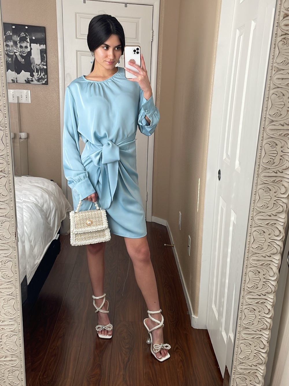Women's Tie-Waist Long Sleeve Dress in Light Blue